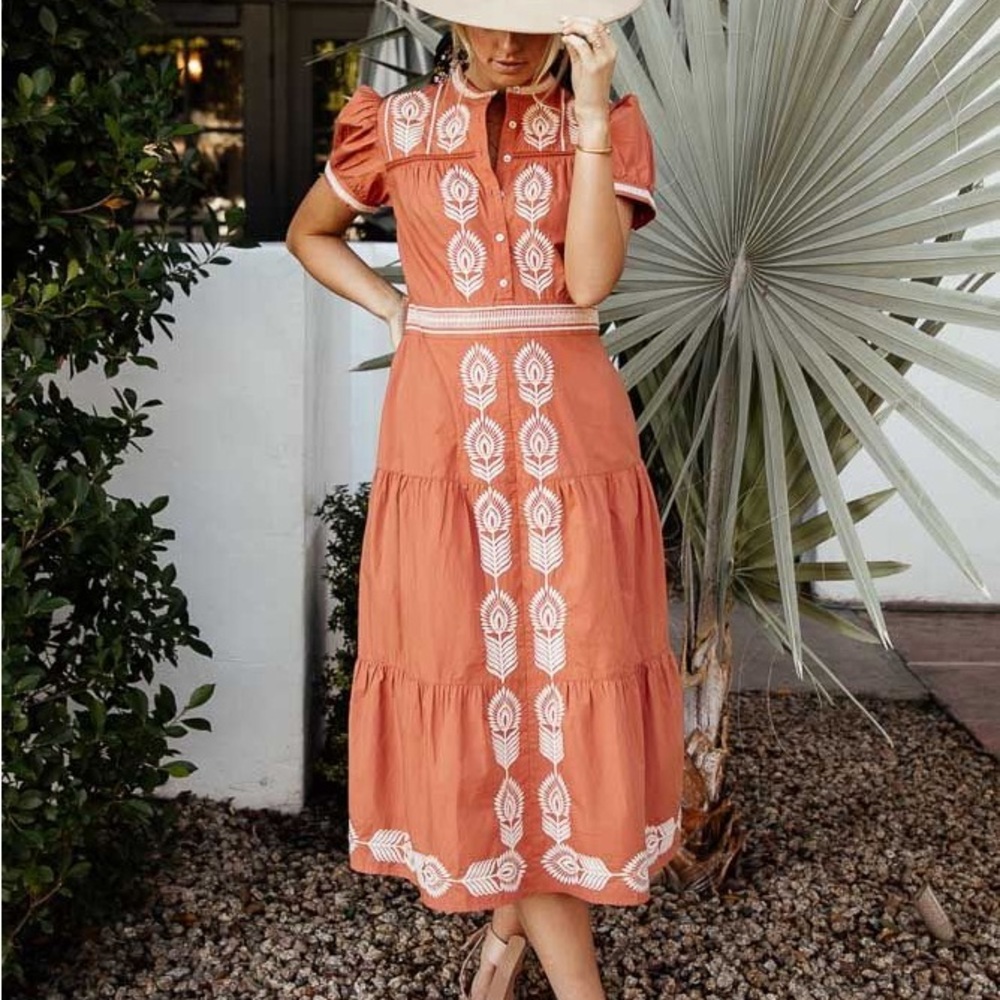 Bohme Terracotta Embroidered Midi Dress